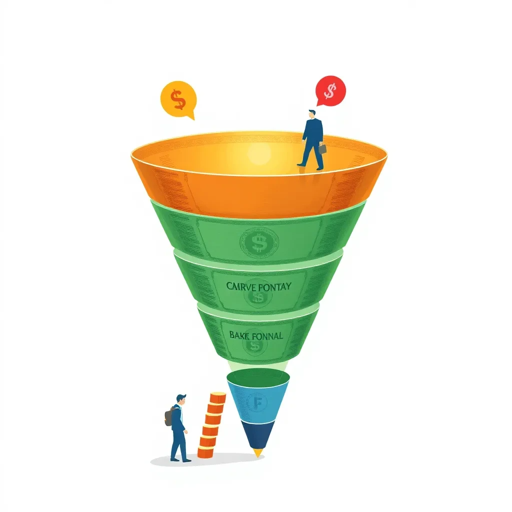 A colorful infographic illustrating a sales funnel with various stages, such as awareness, consideration, decision, and action. Each stage should be visually represented with relevant icons and text descriptions, highlighting the role of responsive design and AI chatbots in streamlining the customer journey.